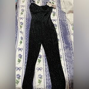 naked wardrobe Black Velvet Leopard-Print High-Waist Jumpsuit Pants